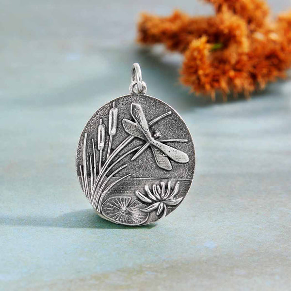 Silver Pond with Cattails and Dragonfly Pendant