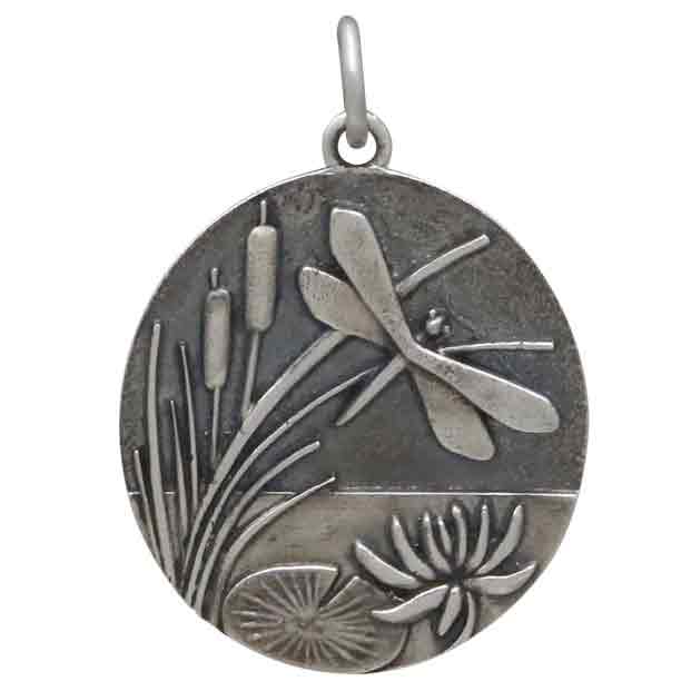 Silver Pond with Cattails and Dragonfly Pendant