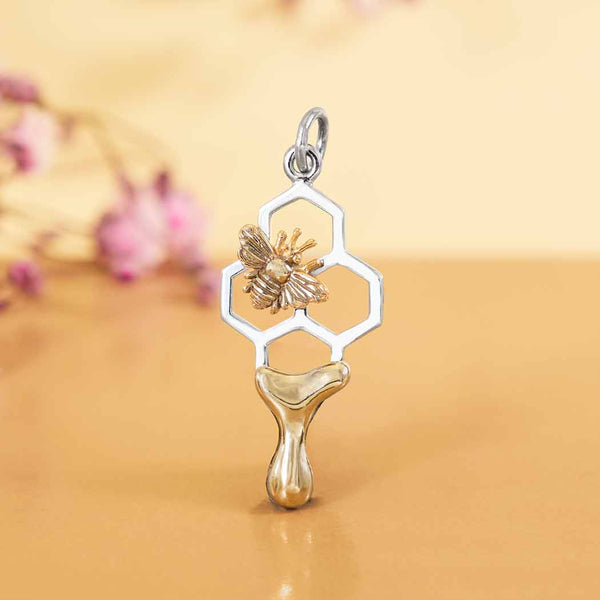Mixed Metal Honeycomb Charm with Honey and Bee