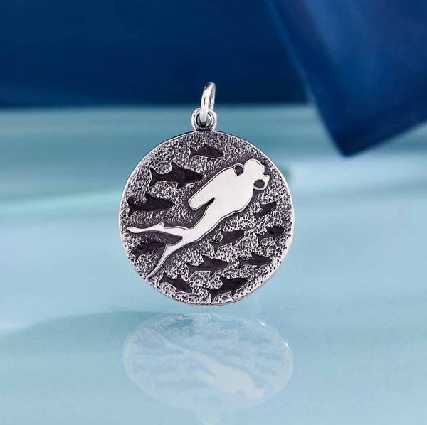 Sterling Silver Diver and Fish Charm - Poppies Beads N' More