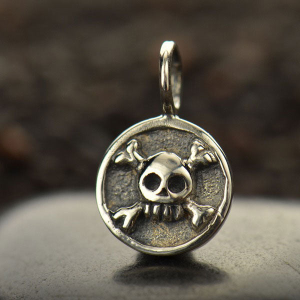 Sterling Silver Skull and Crossbones Charm - Round - Poppies Beads n' More