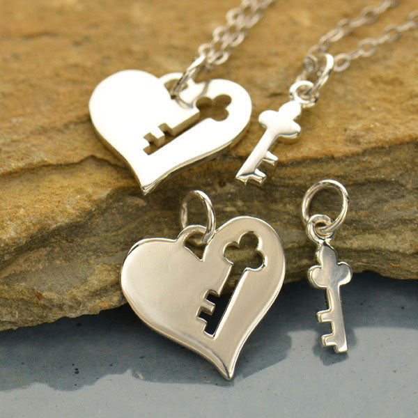 Sterling Silver Heart Charm with Key Cutout and Key Set - Poppies Beads n' More