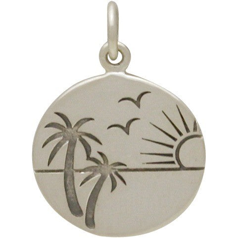Sterling Silver Beach Charm with Sunset Scene - Etched - Poppies Beads n' More