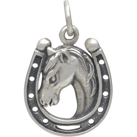 Sterling Silver Lucky Horse in Horseshoe Charm - Poppies Beads n' More