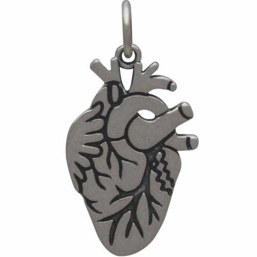 Sterling Silver Anatomical Heart Charm - Etched Heart Charm - Poppies Beads n' More