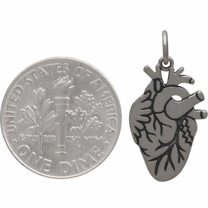 Sterling Silver Anatomical Heart Charm - Etched Heart Charm - Poppies Beads n' More