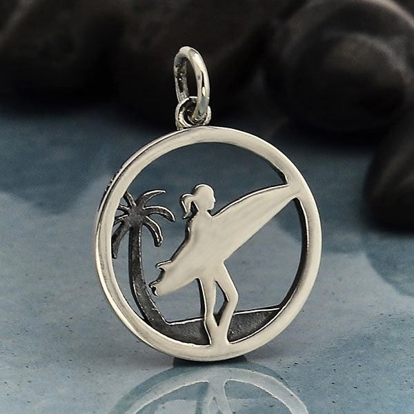 Sterling Silver Surfer Charm with Palm Tree - Poppies Beads n' More