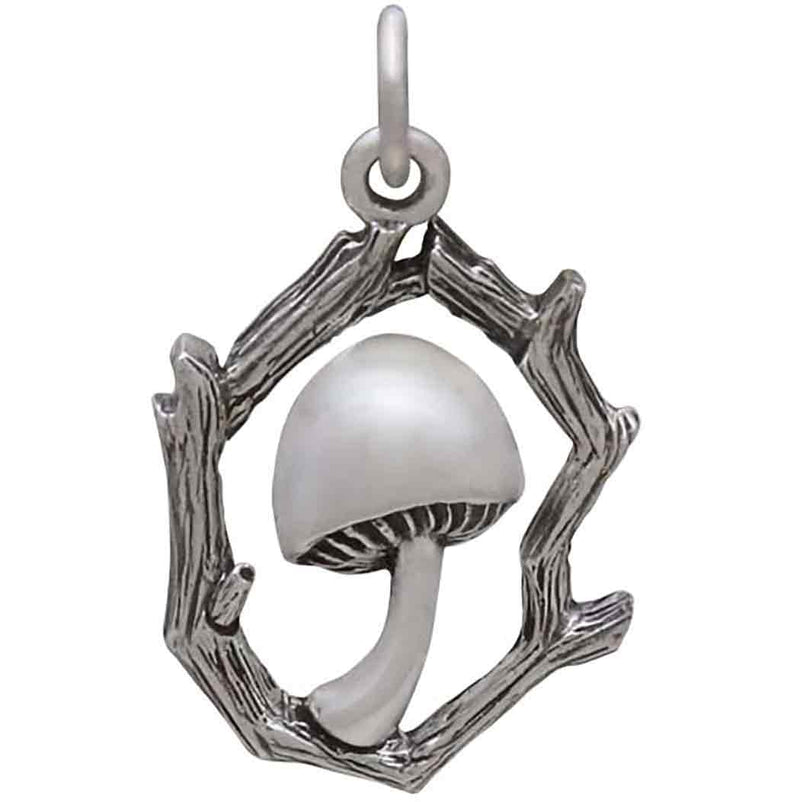 Sterling Silver Mushroom Charm with Branch Frame - Poppies Beads n' More