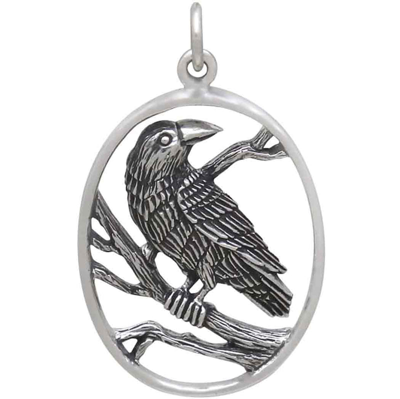Sterling Silver Raven Pendant in Oval Frame - Poppies Beads n' More