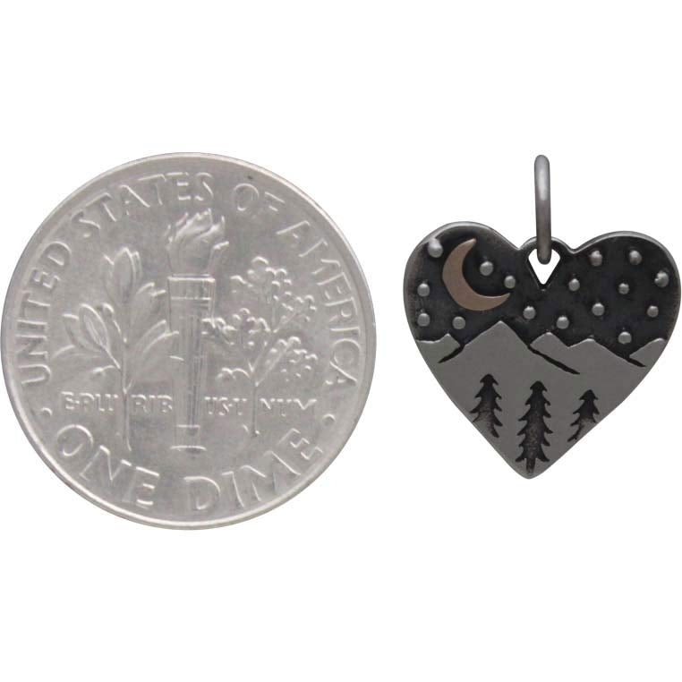 Sterling Silver Heart Charm with Mountains and Bronze Moon - Poppies Beads n' More