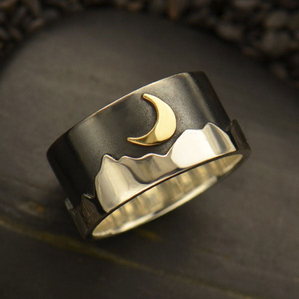 Sterling Silver Ring - Oxidized Mountain Ring with Bronze Moon - Poppies Beads n' More