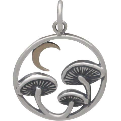 Sterling Silver Mushroom Charm with Bronze Moon - Poppies Beads n' More