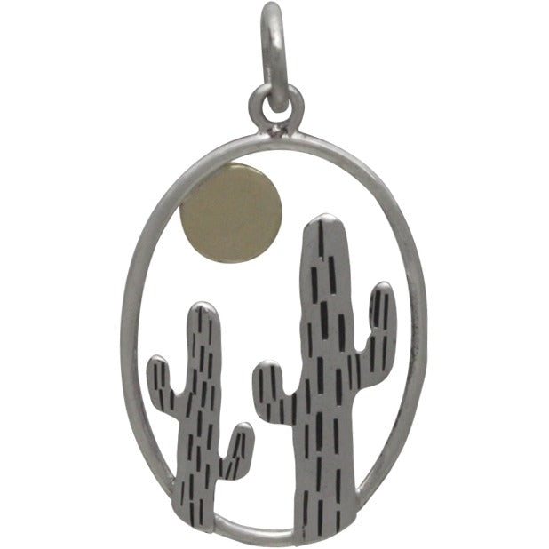 Sterling Silver Oval Cactus Pendant with Bronze Sun, - Poppies Beads n' More