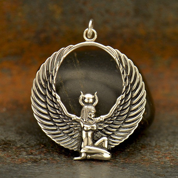 Sterling Silver Egyptian Winged Goddess Pendant - Isis Charm - Poppies Beads n' More