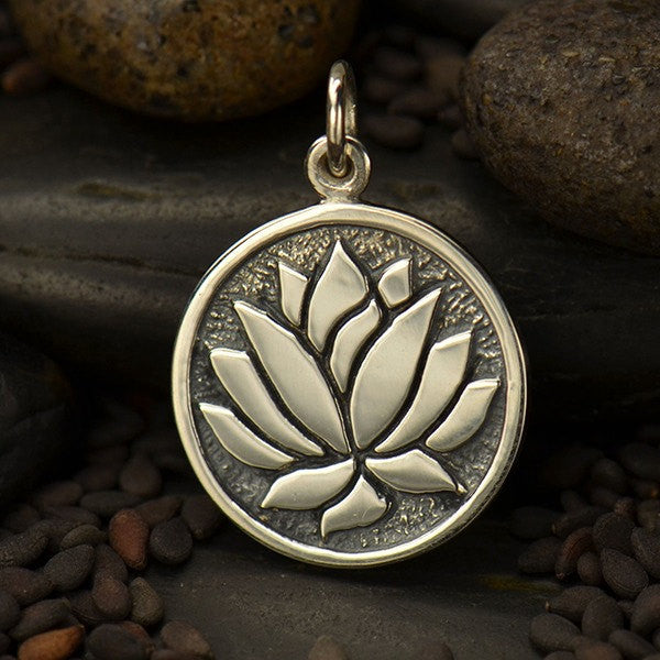 Sterling Silver Etched Lotus Flower Charm - Poppies Beads n' More