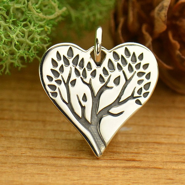 Sterling Silver Etched Tree of Life Heart Charm - Poppies Beads n' More