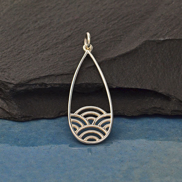Silver Narrow Teardrop Charm with Wave Pattern - Poppies Beads n' More