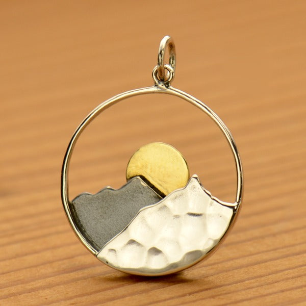Sterling Silver Mountain Range Pendant with Bronze Sun, - Poppies Beads n' More