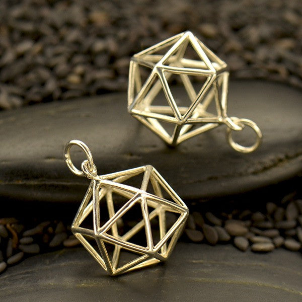 Silver Sacred Geometry Charm - Wire Icosahedron Pendant - Poppies Beads n' More