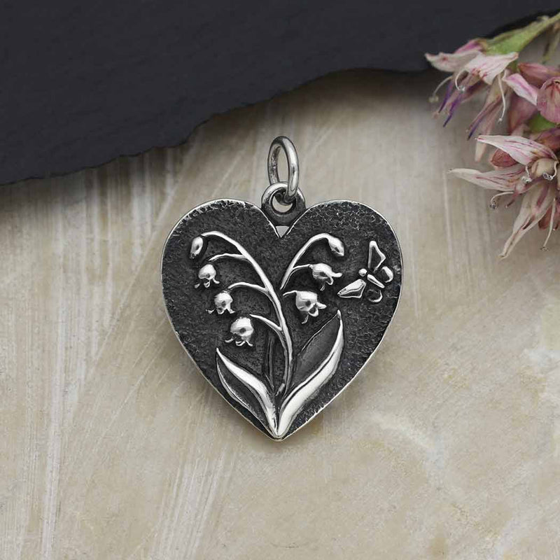 Sterling Silver Heart Lily of the Valley Charm