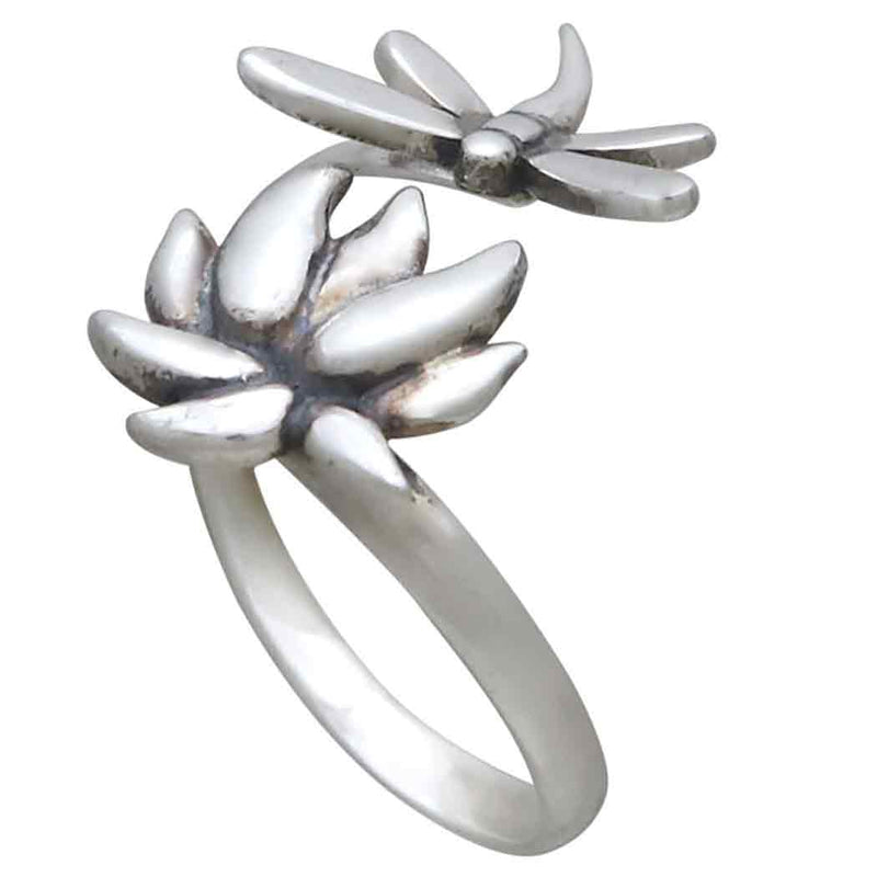 Sterling Silver Adjustable Dragonfly and Lotus Ring
