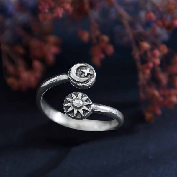 Sterling Silver Adjustable Moon Star and Sun Ring