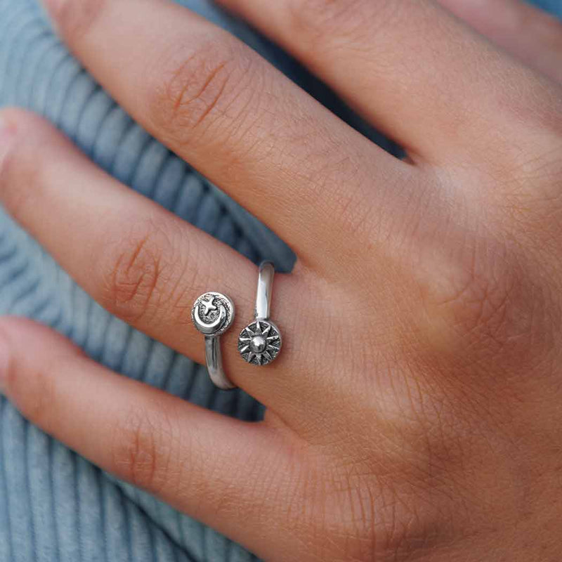 Sterling Silver Adjustable Moon Star and Sun Ring