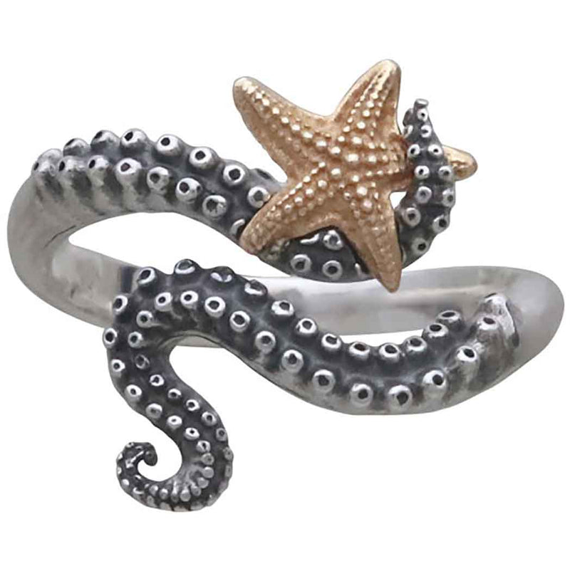 Sterling Silver Adjustable Octopus Ring with Bronze Starfish