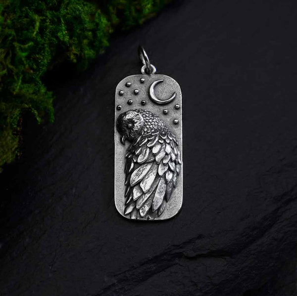 Sterling Silver Barn Owl and Moon Pendant