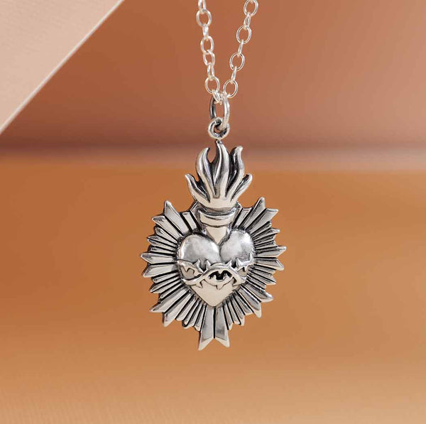 Sterling Silver Flaming Sacred Heart Necklace - Poppies Beads N' More