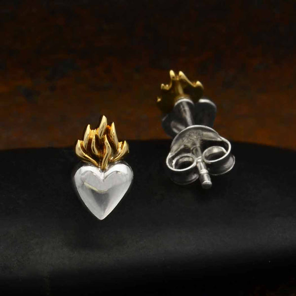 Sterling Silver Heart Post Earrings with Bronze FlameFlame