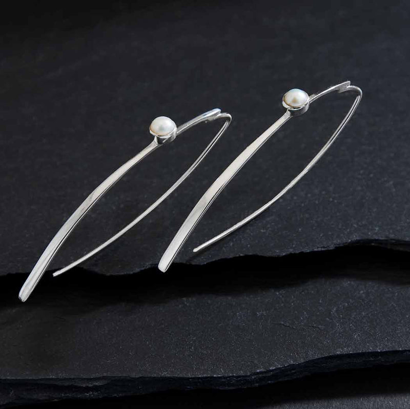 Sterling Silver Long Marquis Earrings with Pearls