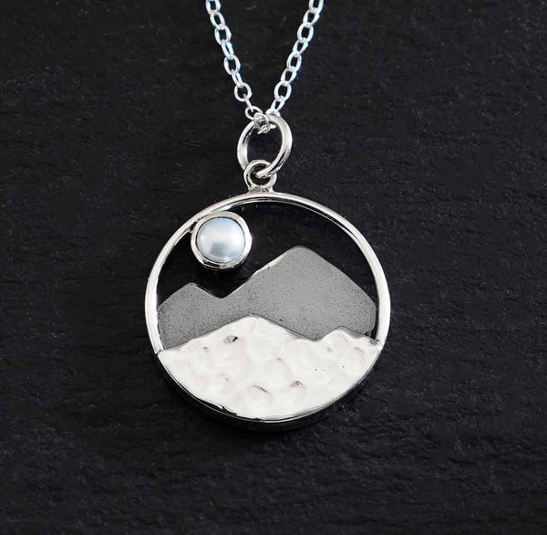 Sterling Silver Mountain with Pearl Moon 18" Necklace