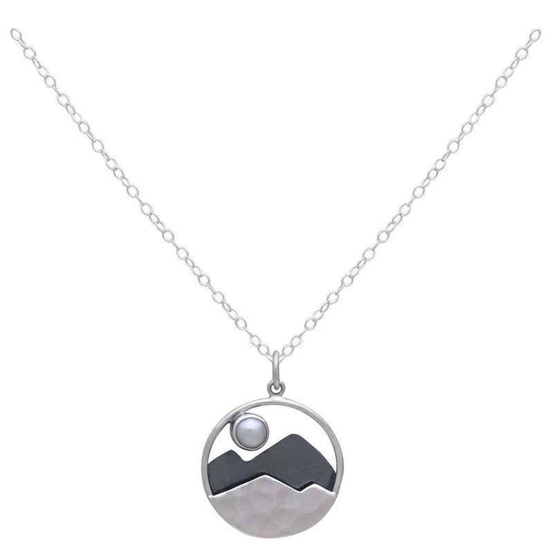 Sterling Silver Mountain with Pearl Moon 18" Necklace