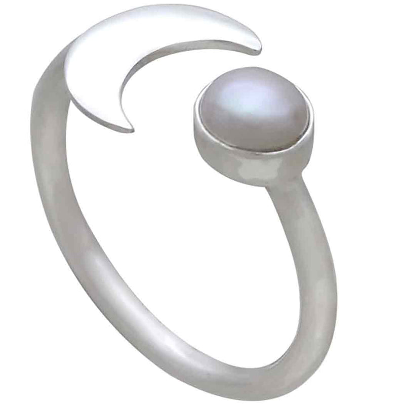 Sterling Silver Pearl and Crescent Moon Adjustable Ring