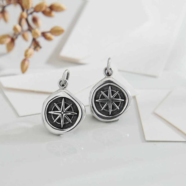Sterling Silver Small Wax Seal Compass Charm - Poppies Beads N' More