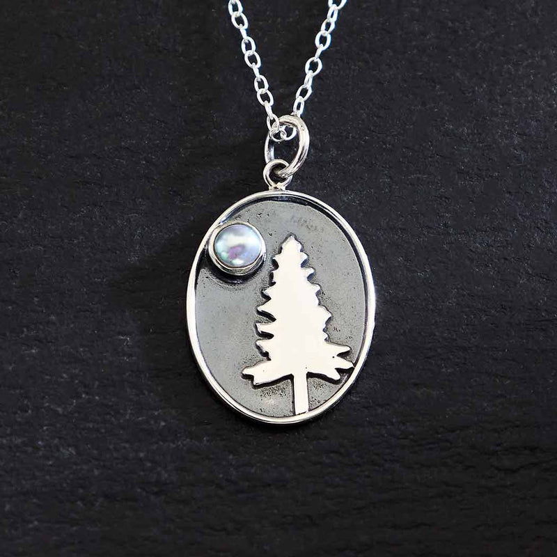 Sterling Silver Tree with Pearl Moon 18" Necklace