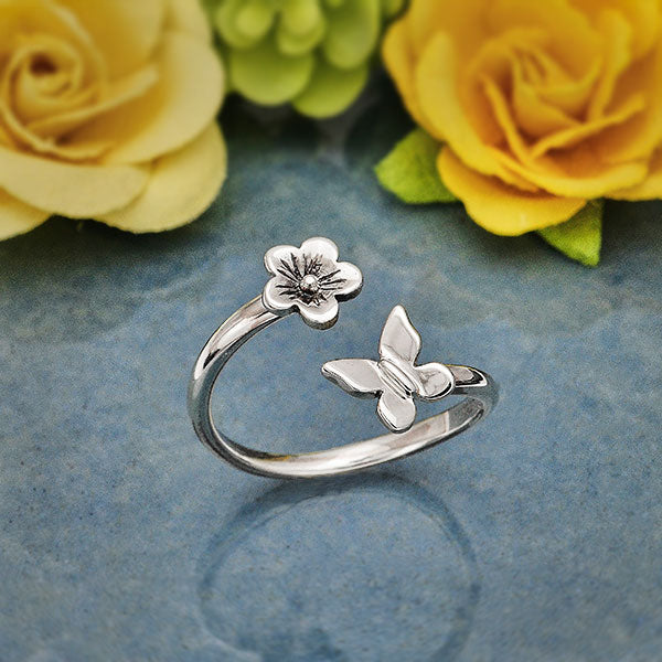 Sterling Silver Butterfly and Flower Adjustable Ring - Poppies Beads n' More