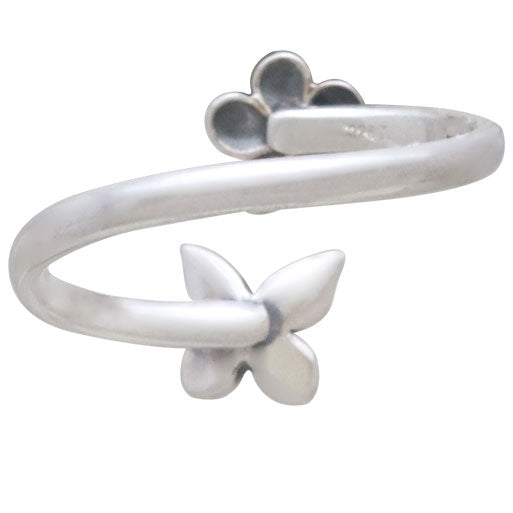 Sterling Silver Butterfly and Flower Adjustable Ring - Poppies Beads n' More