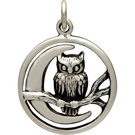 Sterling Silver Owl and Moon Charm - Poppies Beads n' More