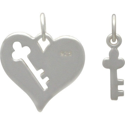 Sterling Silver Heart Charm with Key Cutout and Key Set - Poppies Beads n' More