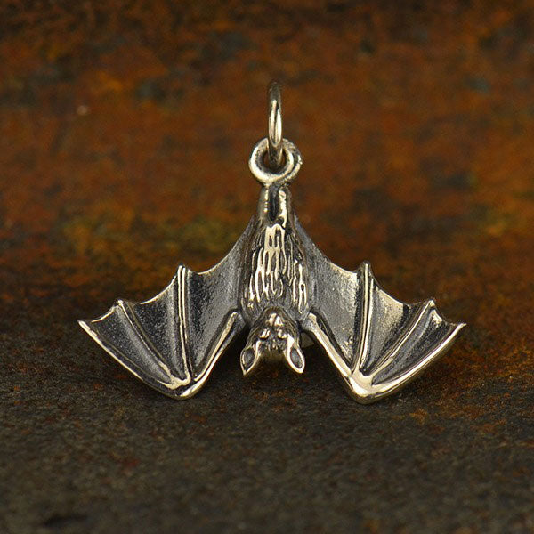 Sterling Silver Realistic Hanging Bat Charm - Poppies Beads n' More