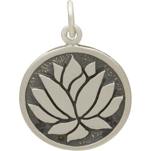 Sterling Silver Lotus Etched on Round Charm - Poppies Beads n' More
