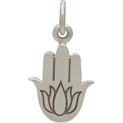 Sterling Silver Hamsa Hand with Etched Lotus - Poppies Beads n' More