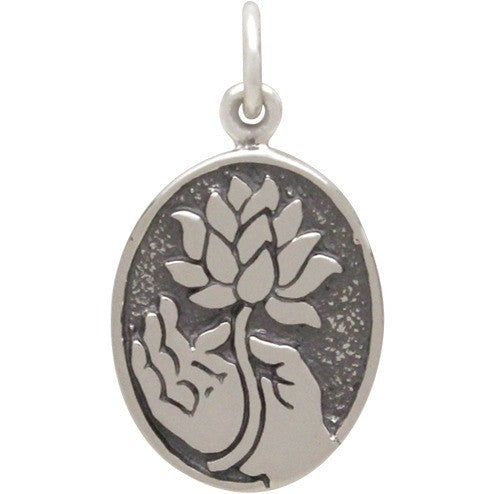 Sterling Silver Buddha Charm with Lotus - Oval Disc - Poppies Beads n' More
