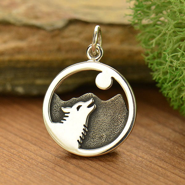 Sterling Silver Wolf Howling at Moon Charm - Poppies Beads n' More