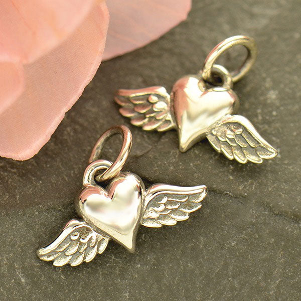Sterling Silver Mini Heart Charm with Wings - Poppies Beads n' More