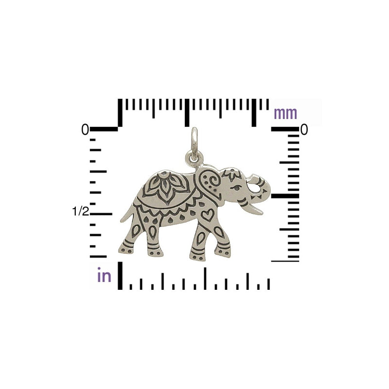 Sterling Silver Decorated Elephant Charm - Etched Elephant - Poppies Beads n' More