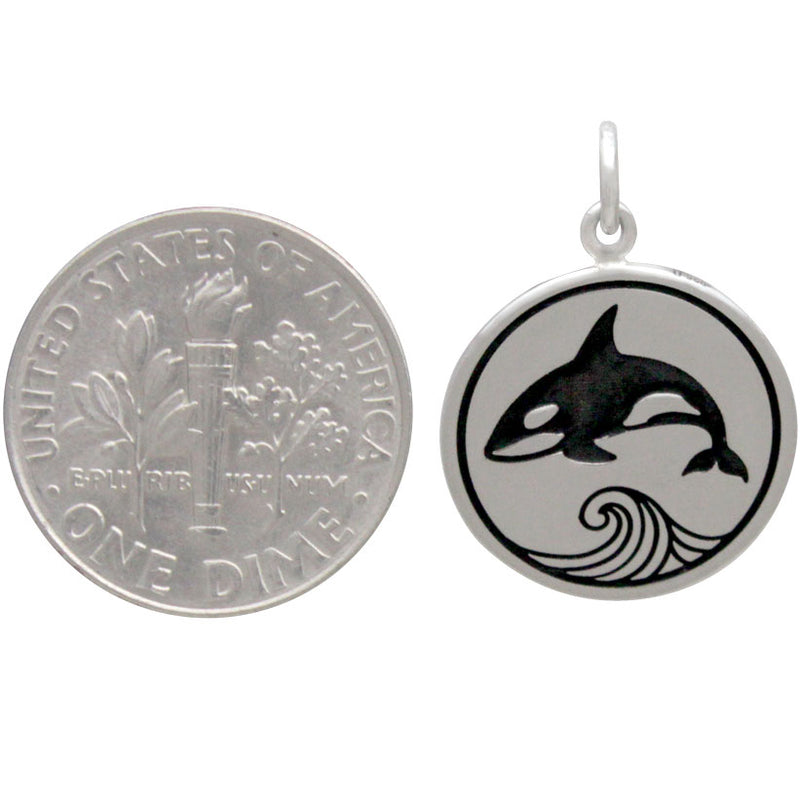 Sterling Silver Killer Whale Charm on a Disk - Poppies Beads n' More