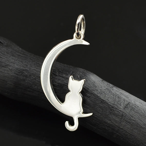 Sterling Silver Moon Charm with Kitty - Poppies Beads n' More